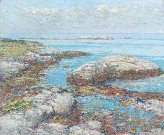Обои картинки фото rocks at the appledore morning, рисованное, frederick childe hassam, небо, облака, море, камни, берег