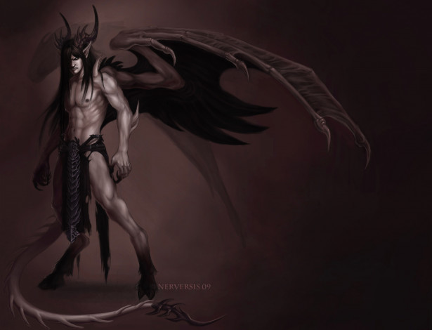 Обои картинки фото фэнтези, демоны, арт, рога, хвост, крылья, фон, демон