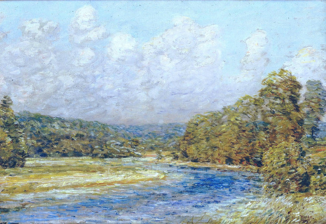 Обои картинки фото river landscape, рисованное, frederick childe hassam, деревья, берега, река, облака, небо