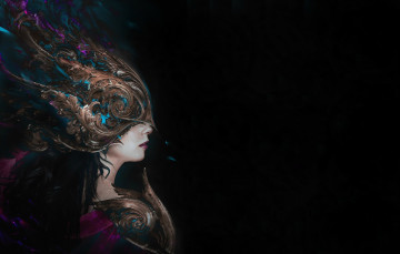 Картинка фэнтези девушки перья девушка арт черный фон маска профиль