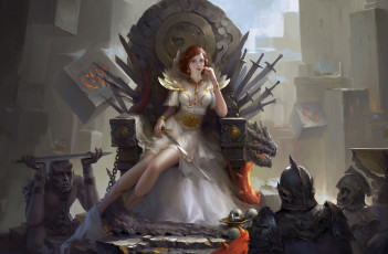 Картинка фэнтези девушки взгляд девушка арт цепи мечи воины трон скелеты