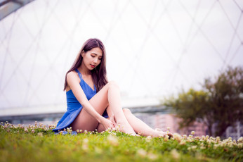 Картинка девушки -+азиатки луг трава азиатка голубое платье поза