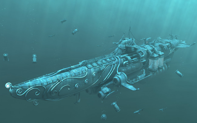 Обои картинки фото наутилус капитана немо, 3д графика, моделирование , modeling, наутилус, капитан, немо, подводная, лодка, акулы, бомбы, субмарина, море, океан, глубина