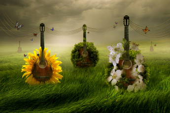 Картинка три+гитары разное компьютерный+дизайн guitars green grass foggy floral surreal