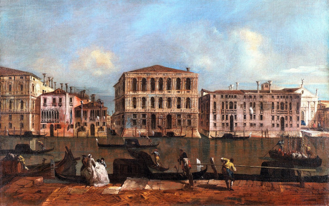 Обои картинки фото венеция - гранд-канал с палаццо пезаро - гварди франческо, рисованное, живопись, город, дома, канал, люди, венеция