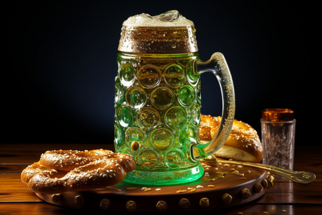 Обои картинки фото еда, напитки,  пиво, зеленое, пиво, брецели