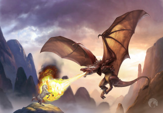 Картинка фэнтези драконы горы конь огонь