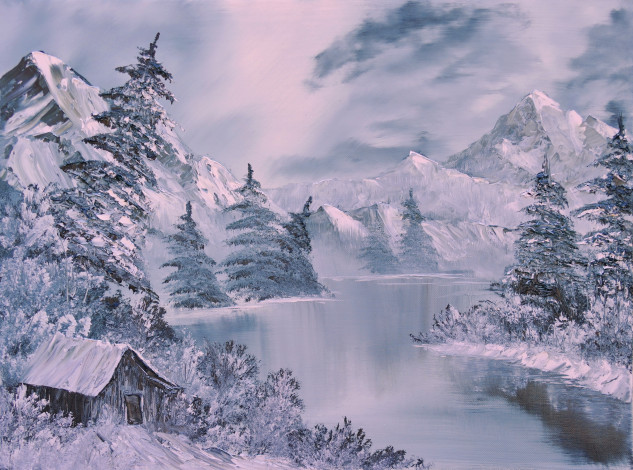 Обои картинки фото рисованные, природа, зима, река, лес, избушка