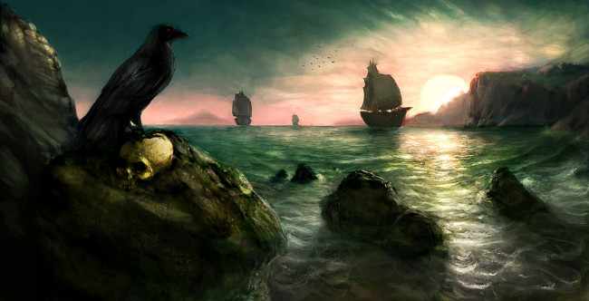 Обои картинки фото фэнтези, пейзажи, море, скалы, корабли, парусники, ворон, череп, закат