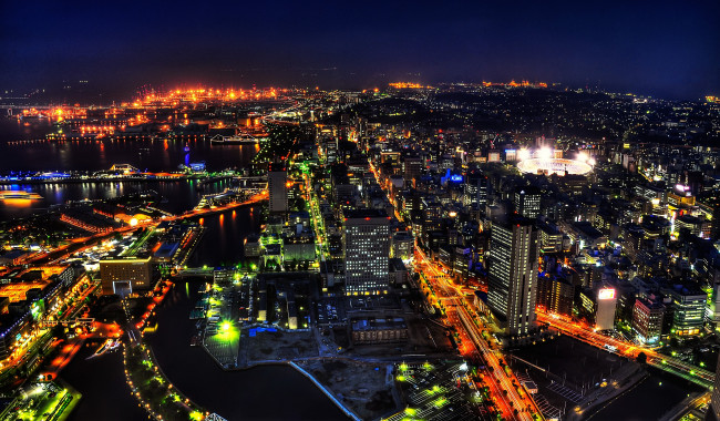 Обои картинки фото йокогама, Япония, города, ночь, огни, дорога, стадион, дома