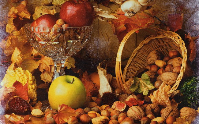 Обои картинки фото еда, натюрморт, яблоки, орехи