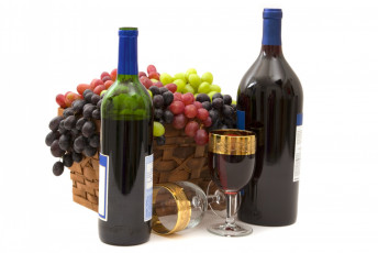 Картинка еда напитки вино корзина бокалы бутыли виноград