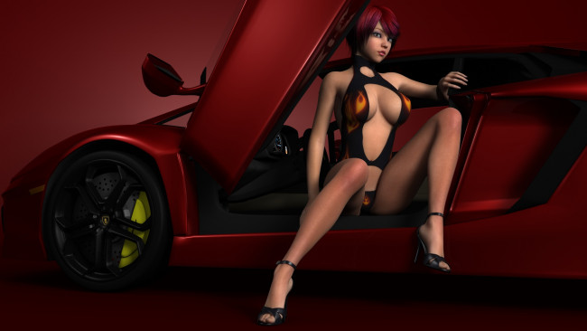Обои картинки фото автомобили, 3d car&girl, девушка, взгляд, фон, автомобиль, рыжая