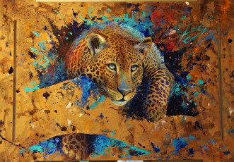 обоя рисованное, животные, абстракция, краски, леопард, рисунок, хищник, арт
