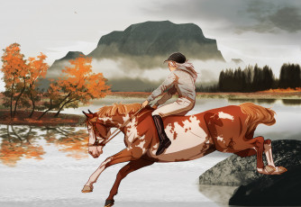 обоя рисованное, животные,  лошади, горы, река, наездник, лошадь