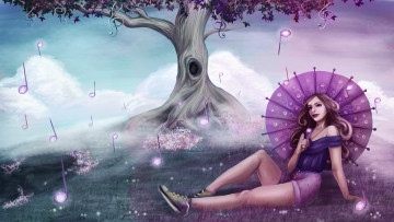 Картинка рисованное люди дерево зонтик фон взгляд девушка