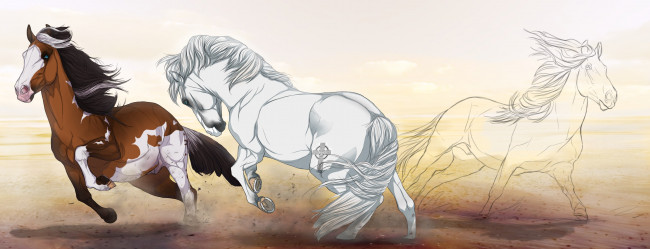 Обои картинки фото рисованное, животные,  лошади, грива, фон, лошади, скачут