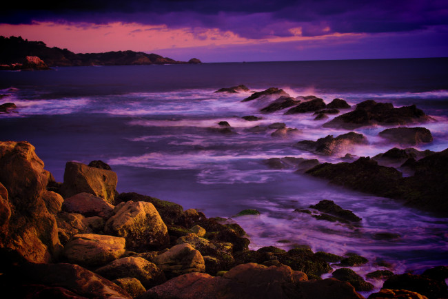 Обои картинки фото природа, побережье, камни, берег, море, горизонт, тучи, закат, прибой, калифорния, сша