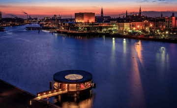 Картинка города копенгаген+ дания река огни вечер