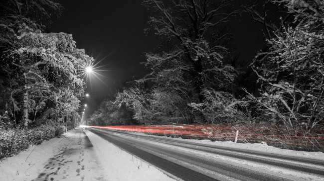 Обои картинки фото природа, дороги, зима, ночь, дорога, огни