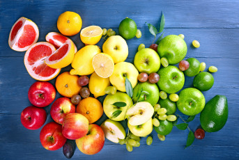 Картинка еда фрукты +ягоды авокадо грейпфрут виноград лимоны яблоки