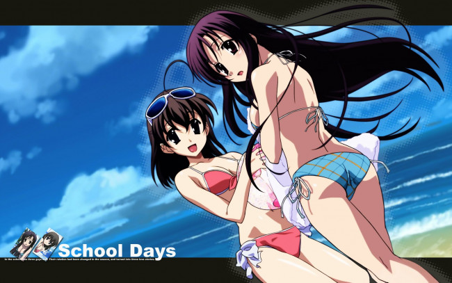 Обои картинки фото аниме, school days, купальники, небо, очки, девочки