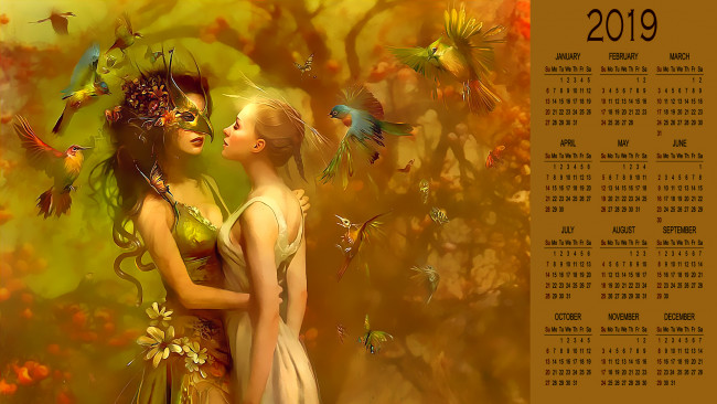 Обои картинки фото календари, фэнтези, маска, ласка, двое, девушка, птица