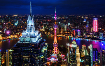 Картинка города шанхай+ китай азия небоскребы мегаполис ночной вид шанхай