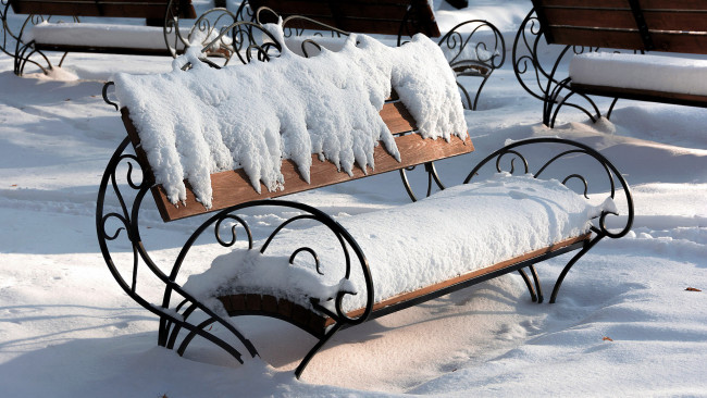 Обои картинки фото природа, зима, снег, парк, скамейка