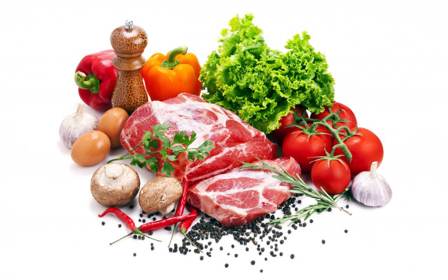 Обои картинки фото еда, мясные блюда, перец, чеснок, мясо, грибы, помидоры