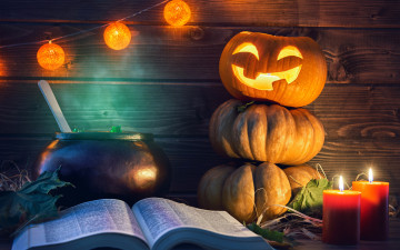 обоя праздничные, хэллоуин, гирлянда, тыквы, котел, книга, свечи