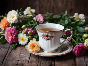 Картинка еда напитки +чай цветы чай фарфоровая чашка блюдце