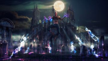 Картинка 3д+графика фантазия+ fantasy луна призрачные скелеты маг