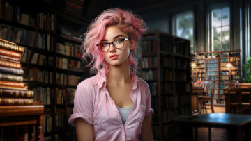 обоя фэнтези, девушки, художественный, розовые, волосы, девушка, в, очках, библиотека