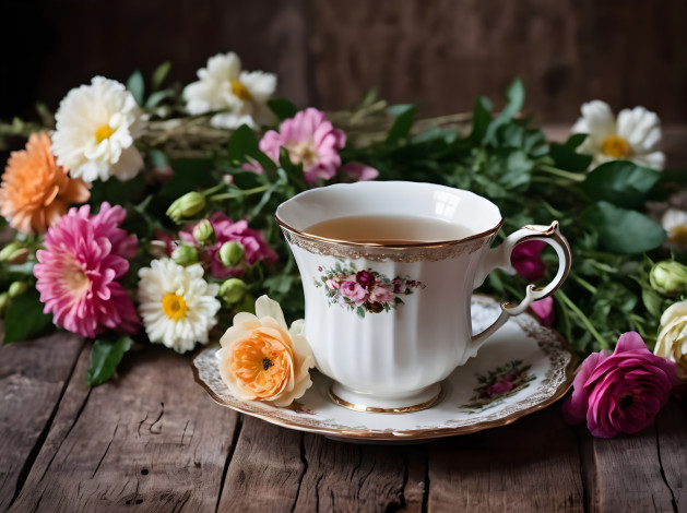 Обои картинки фото еда, напитки,  чай, цветы, чай, фарфоровая, чашка, блюдце