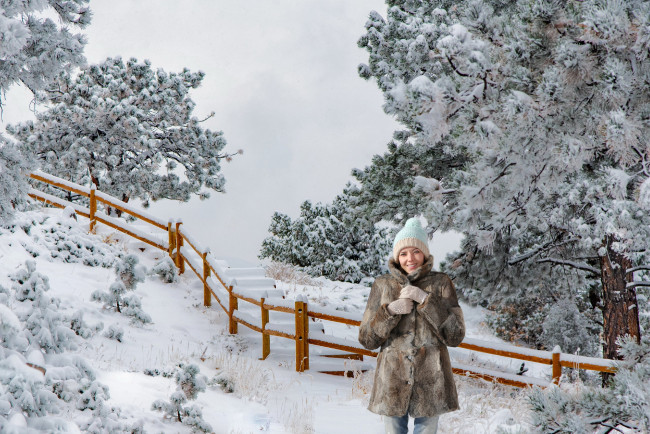Обои картинки фото девушки, katya clover , катя скаредина, зима, деревья, снег, шубка, шапочка