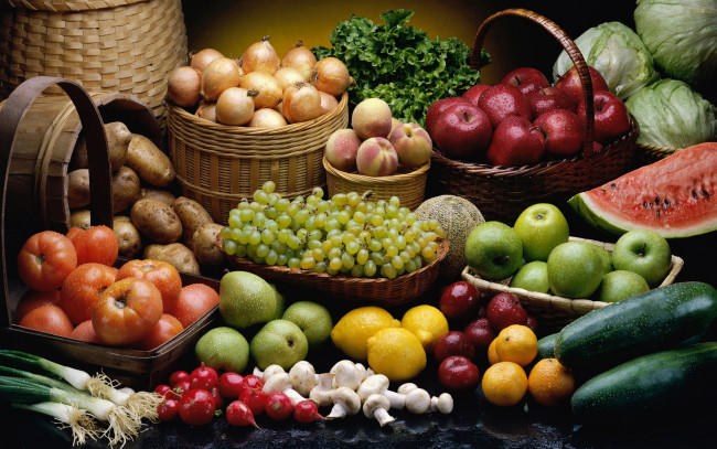 Обои картинки фото еда, натюрморт, лимоны, лук, зелень, яблоки, картошка, помидоры, арбуз, томаты, виноград