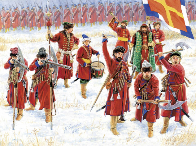 Обои картинки фото рисованные, армия, россия, барабан, секиры, снег, стрельцы, оружие