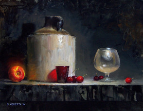 Картинка рисованные david+cheifetz свет тень стакан фон темный бокал ягоды фрукты стол david cheifetz вишня персик
