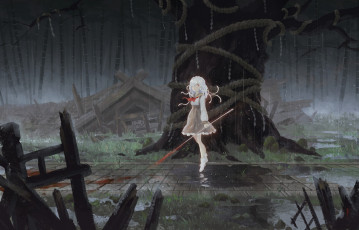 Картинка аниме bakemonogatari оружие sengoku+nadeko демон девушка руины дождь развалины вода