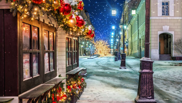 Картинка праздничные новогодние+пейзажи улица фонари снег гирлянды