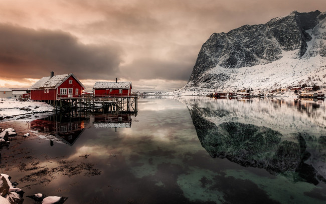 Обои картинки фото города, лофотенские острова , норвегия, зима, снег, дома
