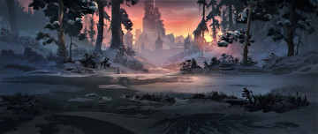Картинка фэнтези замки лес замок снег речка
