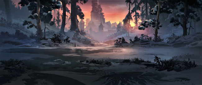 Обои картинки фото фэнтези, замки, лес, замок, снег, речка