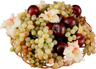 обоя еда, фрукты, ягоды, цветы, корзинка, виноград, яблоки