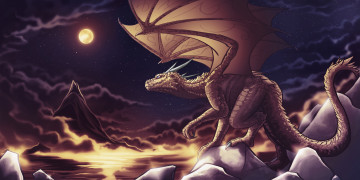 Картинка фэнтези драконы луна камни гора
