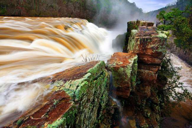 Обои картинки фото природа, водопады, река, водопад, поток, скала, деревья