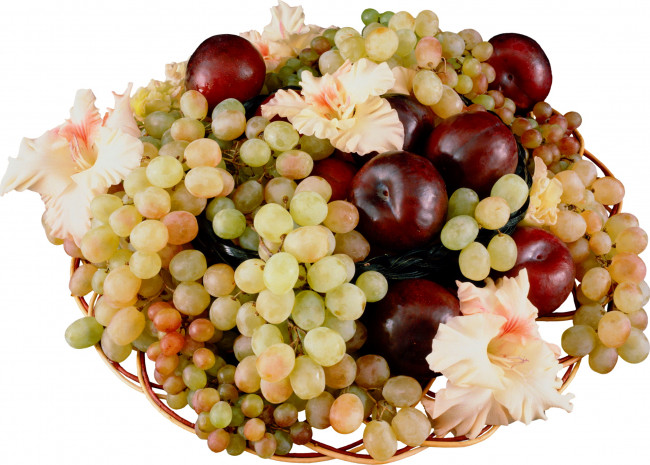Обои картинки фото еда, фрукты, ягоды, цветы, корзинка, виноград, яблоки
