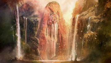 Картинка фэнтези пейзажи ущелье водопады река святилище священное место