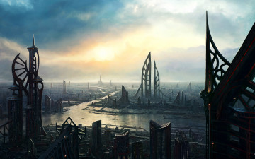 Картинка фэнтези иные+миры +иные+времена небоскребы каналы будущее город башни архитектура
